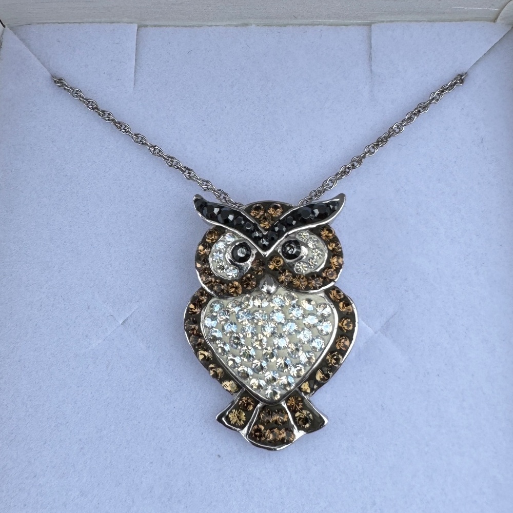 NIB .925 Sterling Silver - w/Swarovski Crystals - Owl Necklace